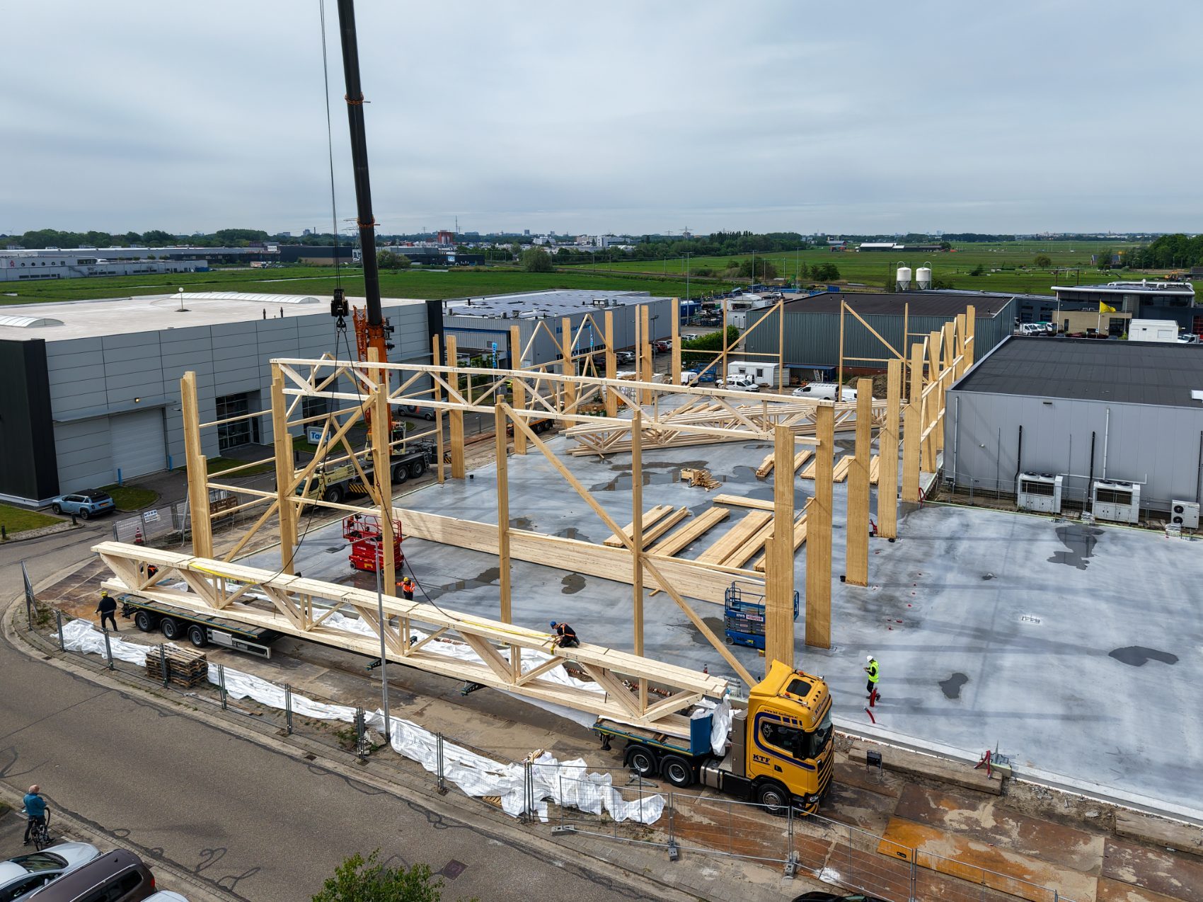 Aerial view of timber frame on site